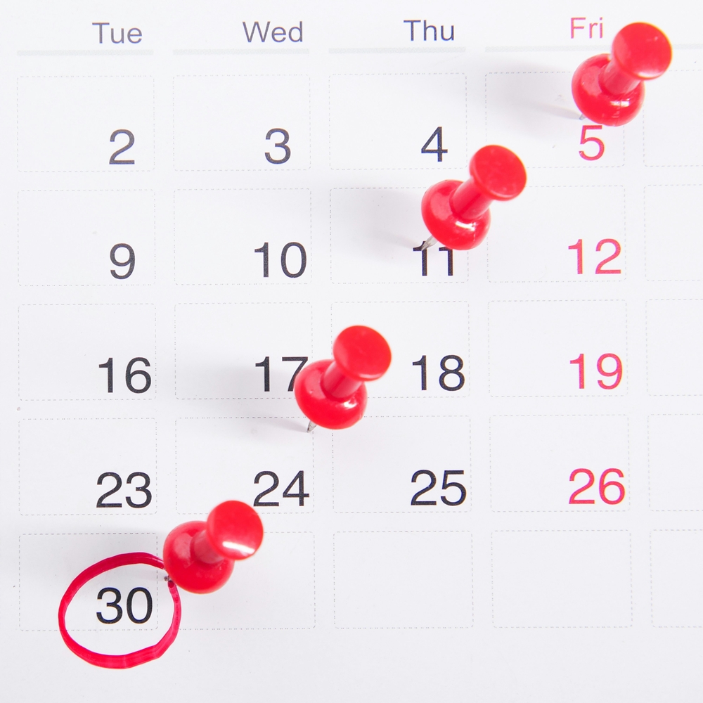 kalendarz z czerwonymi pineskami